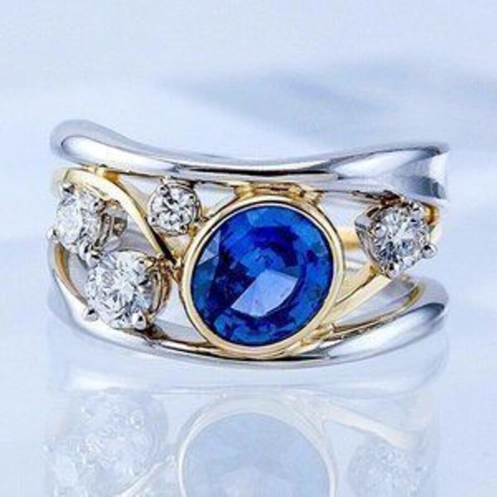 New Two Tone 925 Silver/18k Gold Blue Sapphire Diamond Ring